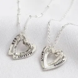Personalised Sterling Silver Hammered Interlocking Hearts Necklace