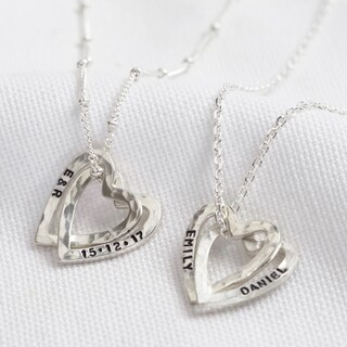 Personalised Sterling Silver Hammered Interlocking Hearts Necklace