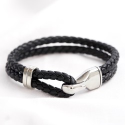 Men's Black Braided Leather and Hook Bracelet