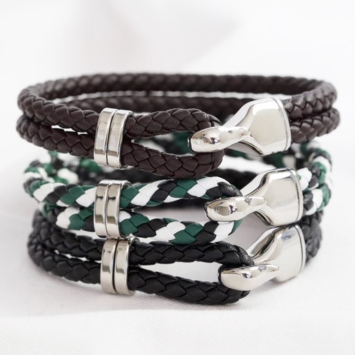 Men's Block Colour Braided Leather and Hook Bracelet