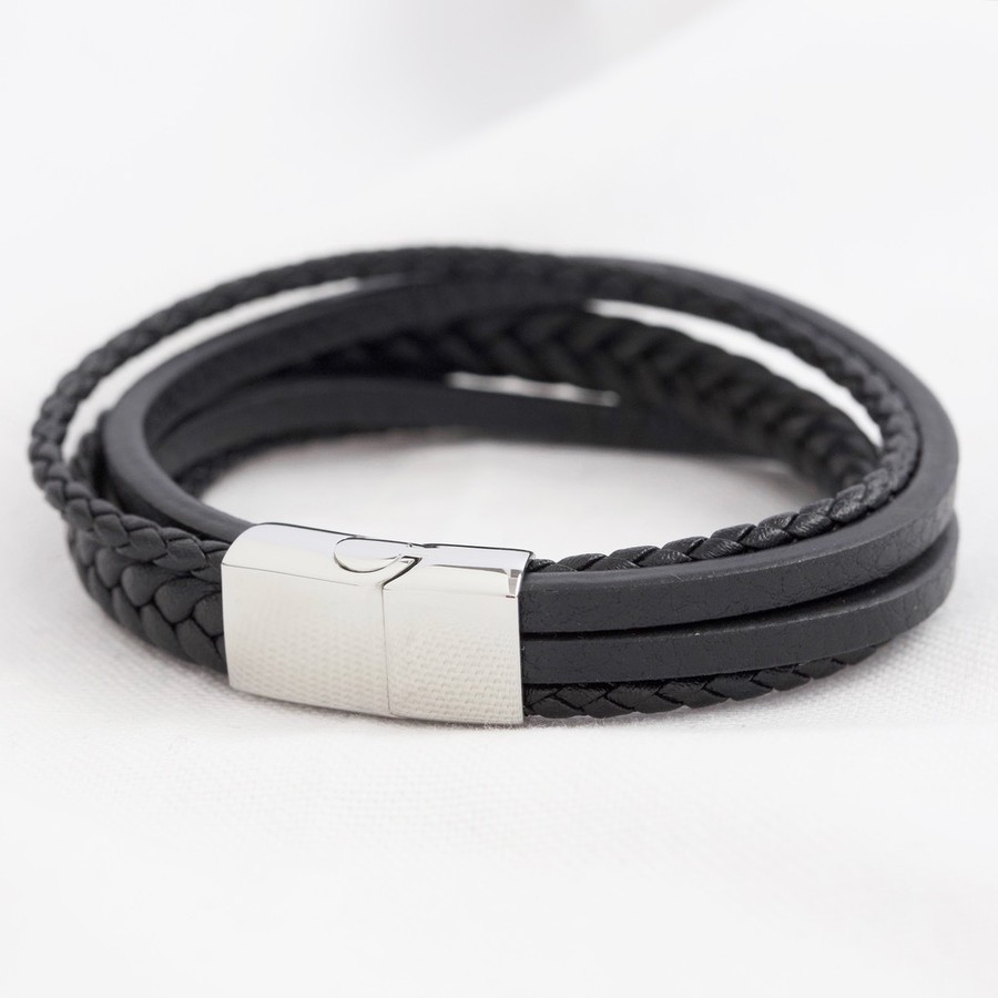 Men's Layered Leather Straps Bracelet in Black - Medium