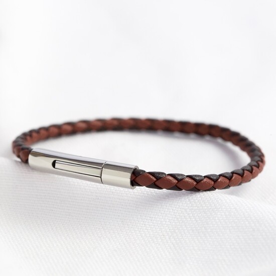 Men's Slim Brown Woven Leather Bracelet - Large	