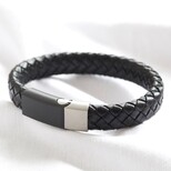 Men's Woven Black Leather Bracelet with Black & Grey Clasp