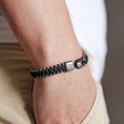 Personalised Men's Woven Black Cord and Stainless Steel Bead Bracelet on Model