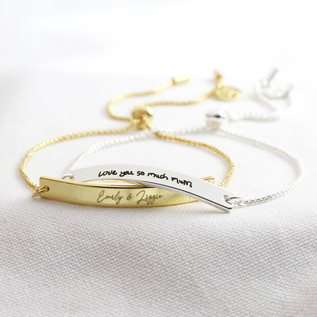 Personalised 'Your Handwriting' Box Chain and Curved Bar Bracelet