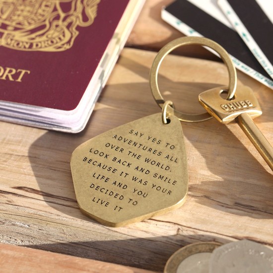 'Say Yes To Adventure' Antiqued Brass Keyring