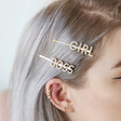 Set of 'Girl' and 'Boss' Pearl Hair Slides in Gold on Model