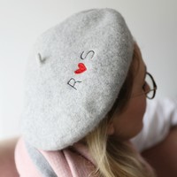 Personalised Embroidered Heart & Initials Grey Beret