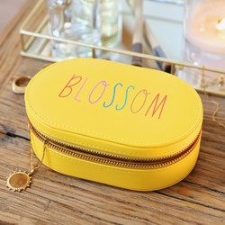 Personalised Rainbow Name Oval Travel Jewellery Box in Yellow