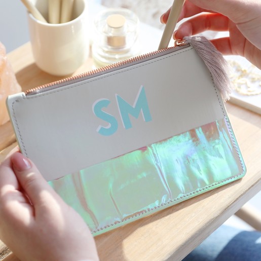 Teen's Personalised Block Initials Iridescent Tassel Make up Bag in Grey