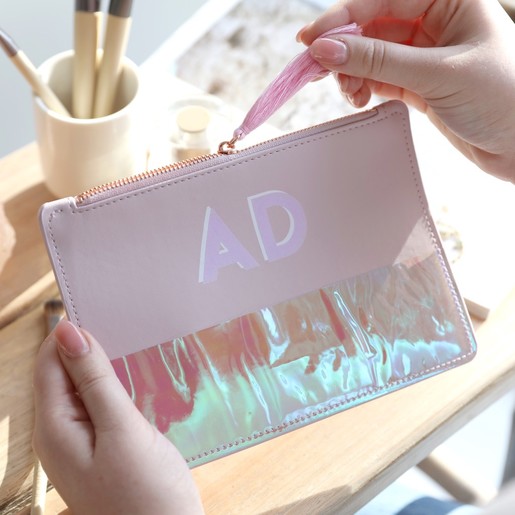 Girls Personalised Block Initials Iridescent Tassel Make up Bag in Lavender Purple
