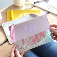 Personalised Block Initials Iridescent Tassel Make up Bag