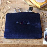 Personalised Embroidered Rainbow Name Velvet Make Up Bag