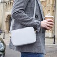 Model Wearing Grey Personalised Rectangular Crossbody Bag