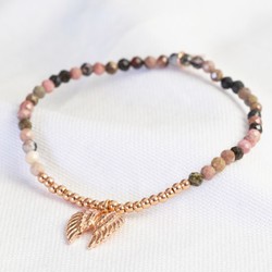 Stone Bead and Wing Charm Bracelet in Rose Gold