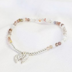 Stone Bead and Wing Charm Bracelet in Silver