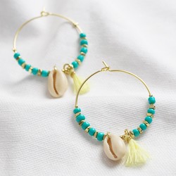Turquoise Bead and Shell Hoop Earrings