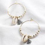 White Bead and Shell Hoop Earrings