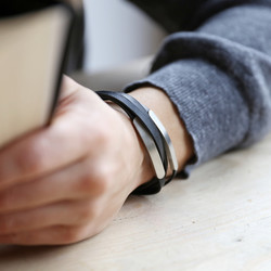 Men's Black Leather Straps Stainless Steel Double Plaque Bracelet