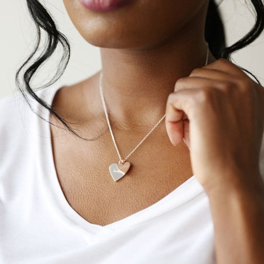 Personalised Double Wide Heart Charm Necklace on Model