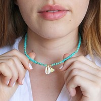 Turquoise Beaded Shell Charm Necklace