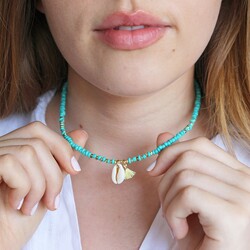 Turquoise Beaded Shell Charm Necklace