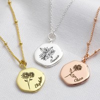 Personalised Birth Flower Organic Shape Charm Necklace