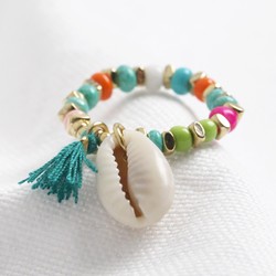 Rainbow Beaded Stretch Ring with Shell Charm
