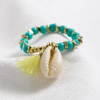 Turquoise Beaded Stretch Ring with Shell Charm