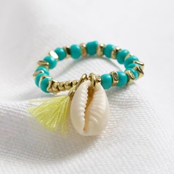 Turquoise Beaded Stretch Ring with Shell Charm