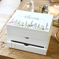 Personalised Wildflower White Jewellery Box