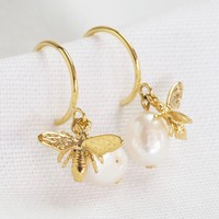 Gold Bee Charm and Freshwater Pearl Hoop Earrings