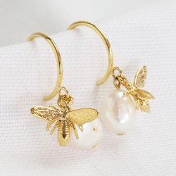 Gold Bee Charm and Freshwater Pearl Hoop Earrings
