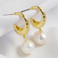 Gold Organic Shape Hoop Stud Earrings with Freshwater Pearl