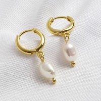 Gold Sterling Silver Pearl Charm Huggie Hoop Earrings