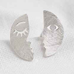 Half Moon Face Stud Earrings in Silver