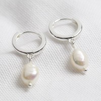 Sterling Silver Pearl Charm Huggie Hoop Earrings