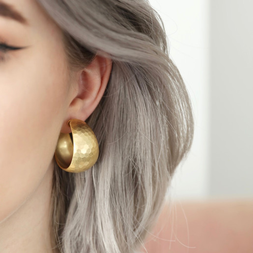 Wide Hammered Hoop Earrings in Gold 
