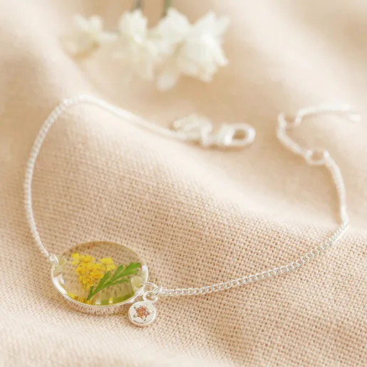 Lisa Angel Silver Pressed Birth Flower Charm Bracelet with Birthstone Charm