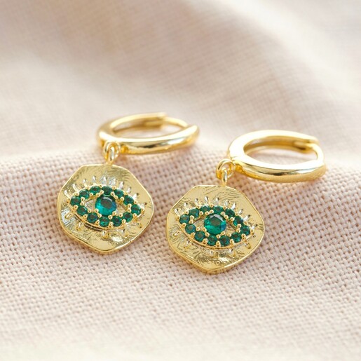 Women's Crystal Eye Charm Huggie Hoop Earrings in Gold