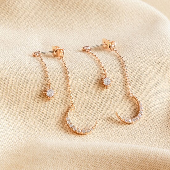 Sparkly Star and Moon Dangly Earrings In Rose Gold