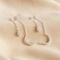 Crystal Star and Moon Double Drop Earrings in Silver