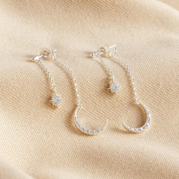 Crystal Star and Moon Double Drop Earrings in Silver Crystal Star and Moon Double Drop Earrings in Silver