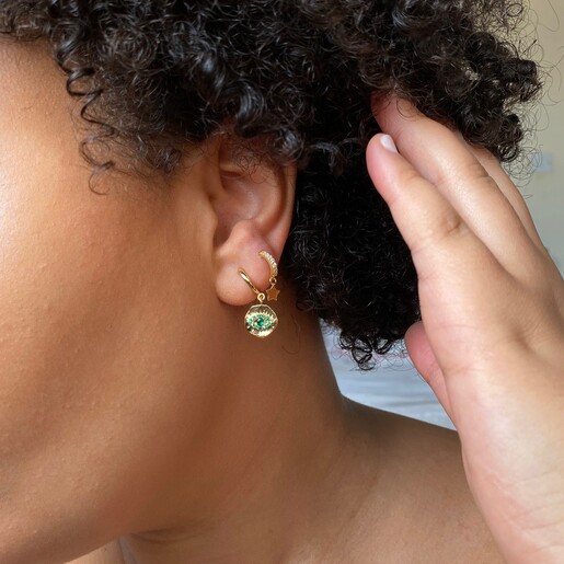 Model Wears Lisa Angel Ladies Crystal Eye Charm Huggie Hoop Earrings in Gold