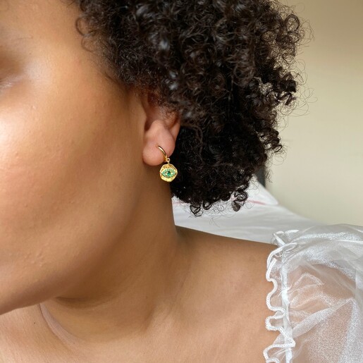 Model Wears Lisa Angel Crystal Eye Charm Huggie Hoop Earrings in Gold