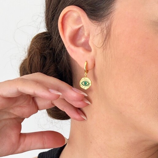 Boho Crystal Eye Charm Huggie Hoop Earrings in Gold on Model