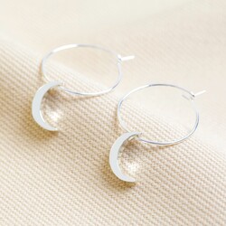 Moon Charm Hoop Earrings in Silver