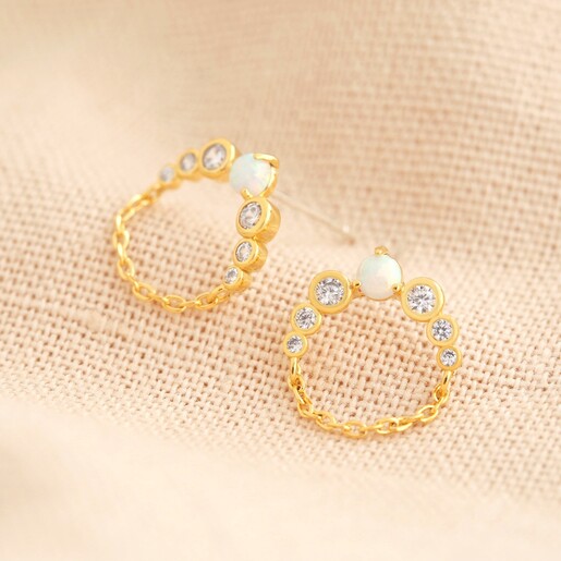 Lisa Angel Delicate Opal and Crystal Chain Drop Earrings in Gold