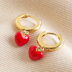 Red Enamel Heart Charm Huggie Hoop Earrings