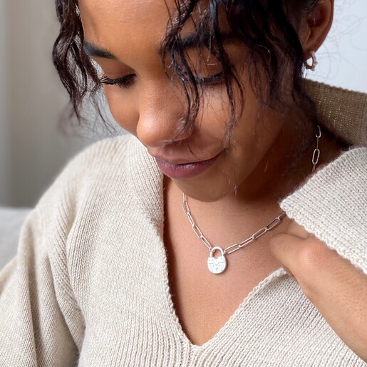 Model Wears Lisa Angel Ladies' Antique Padlock Necklace in Silver